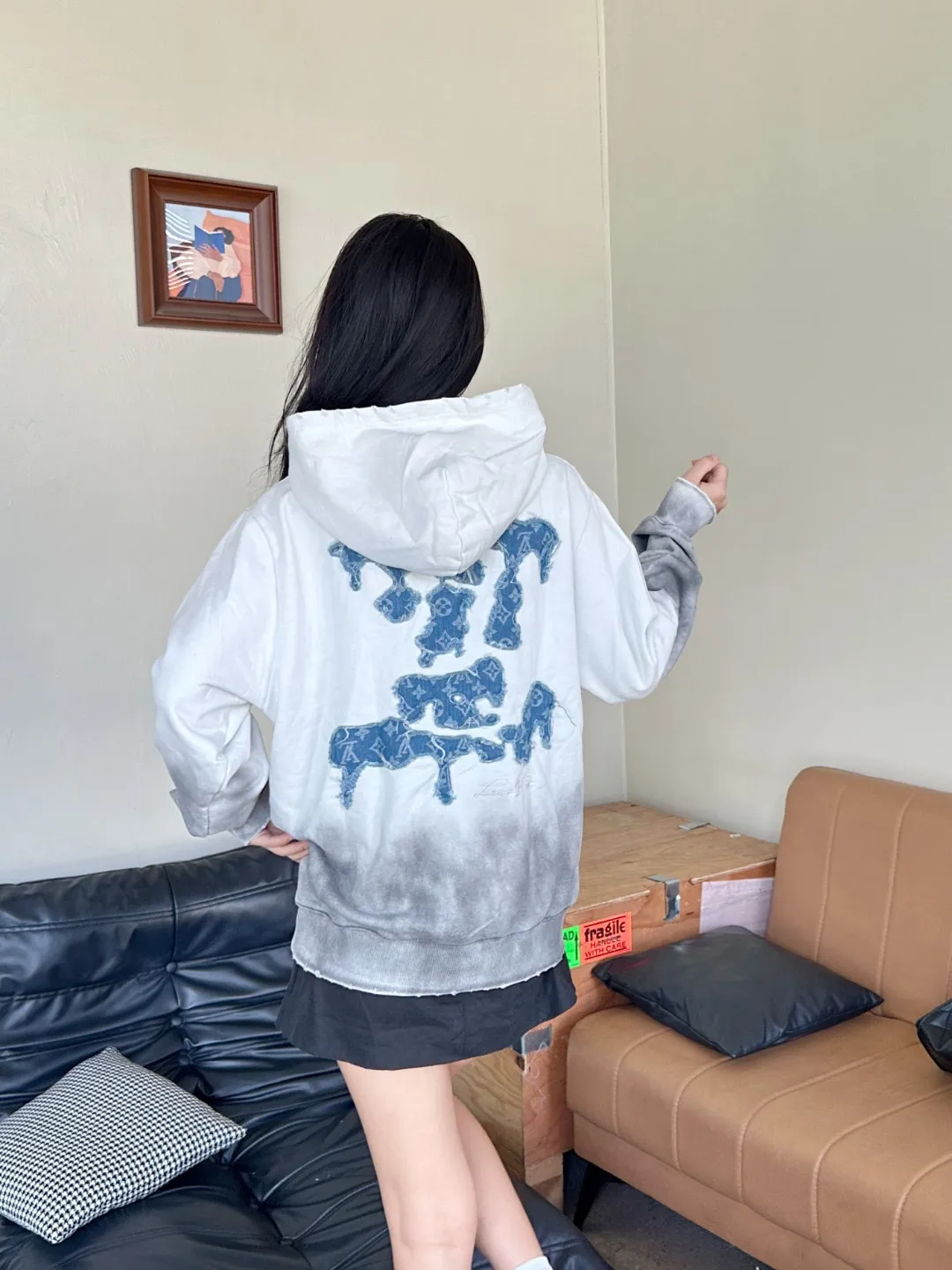 Louis Vuitton/Louis Vuitton cloud denim logo patch embroidery washed hooded sweatshirt